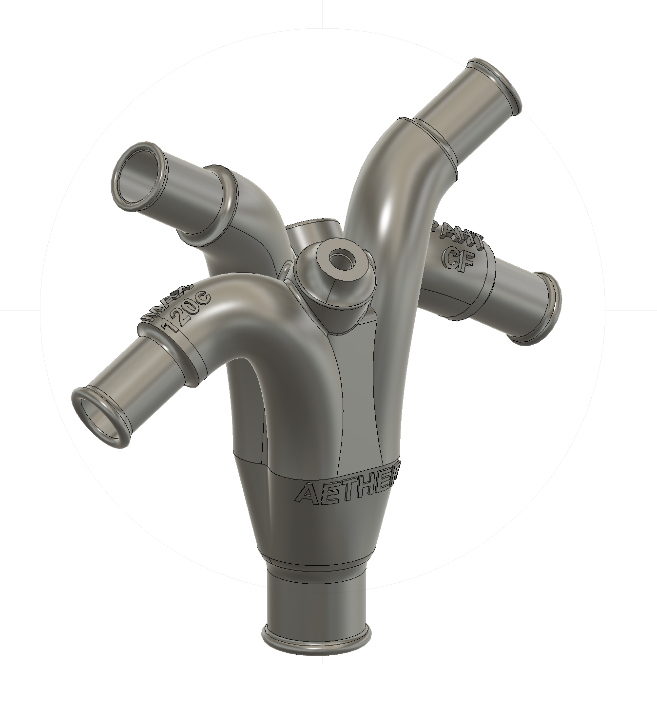 CAD rendering of a custom cooling manifold with ports for pressure and temperature sensors