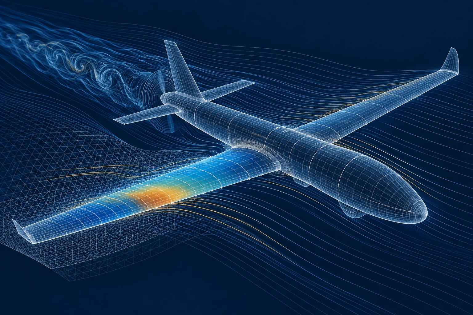 UAV mathematical model surrounded by fine computational streamlines