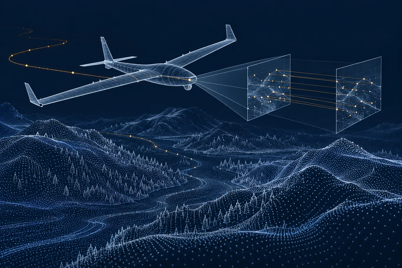 Wireframe UAV trajectory through a terrain point cloud with vision feature correspondences