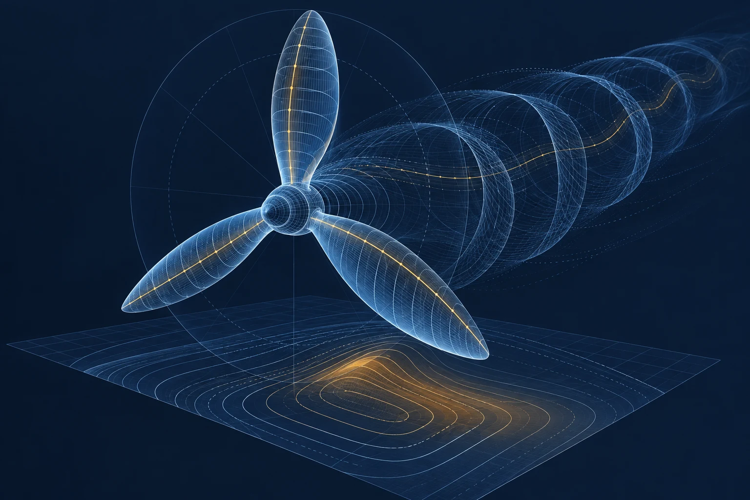 Propeller geometry defined by blade sections, an operating map and helical wake lines