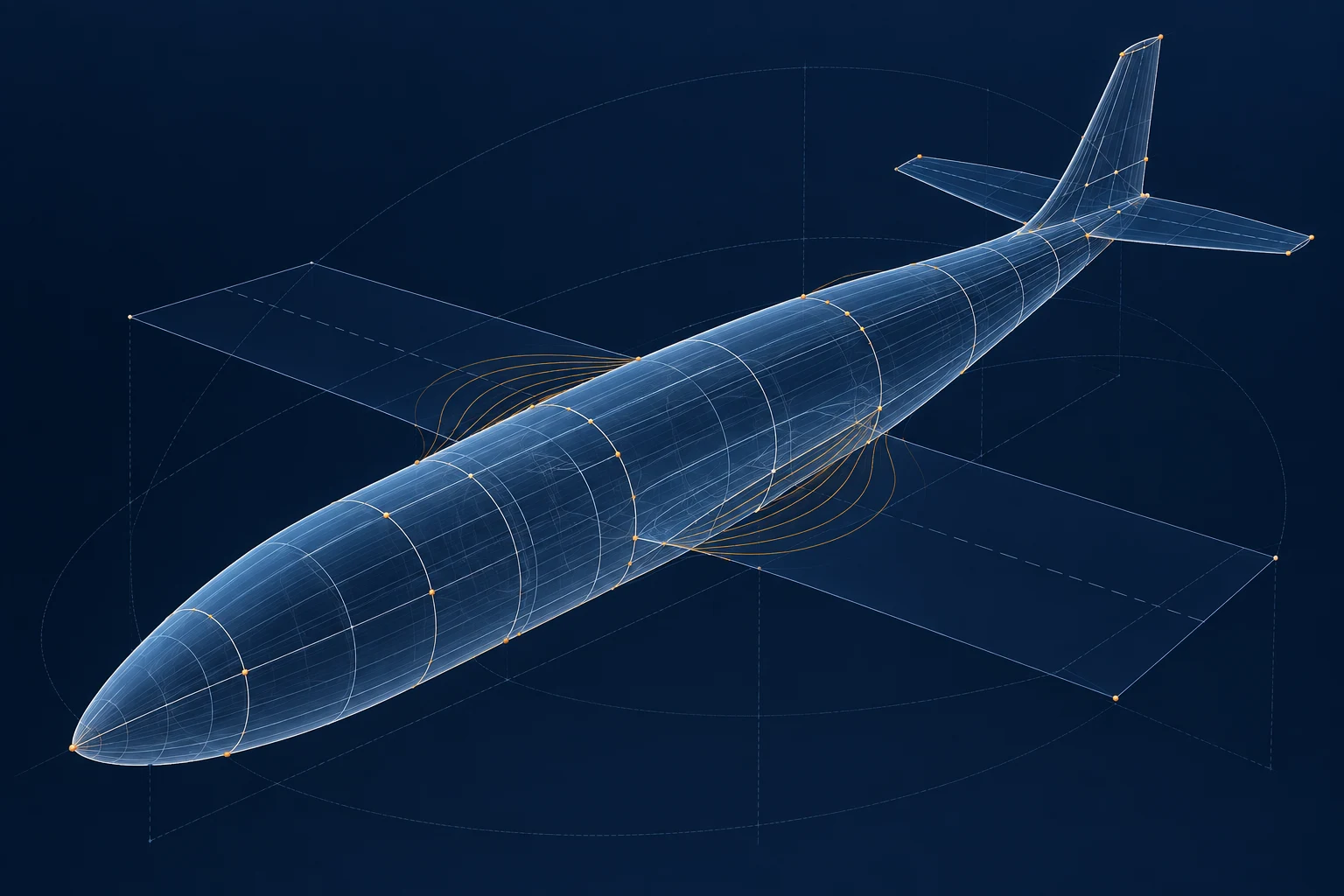 UAV fuselage represented by parametric section curves, translucent surfaces and control points