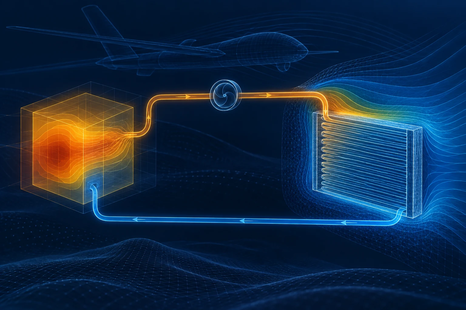 Computational cooling circuit with heat-source, radiator outlines and thermal contours