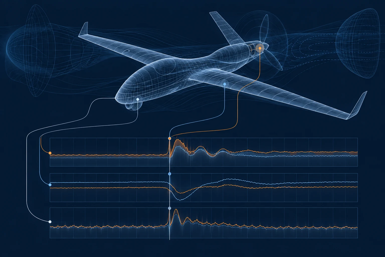 Aircraft telemetry channels compared across a shared timeline and linked to a UAV model