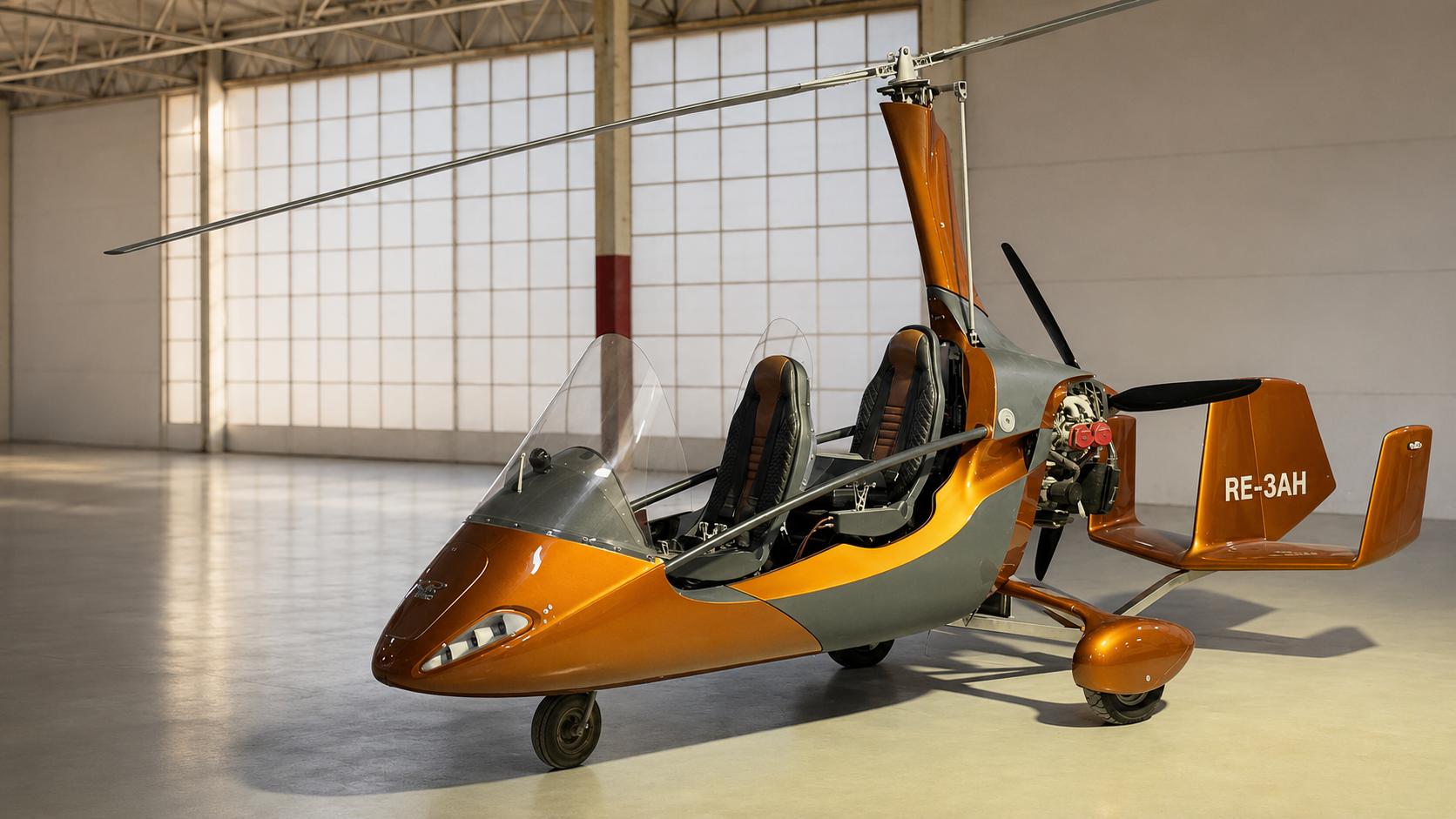 Gyrocopter in a hangar, representing REAH's planned flying-laboratory test platform