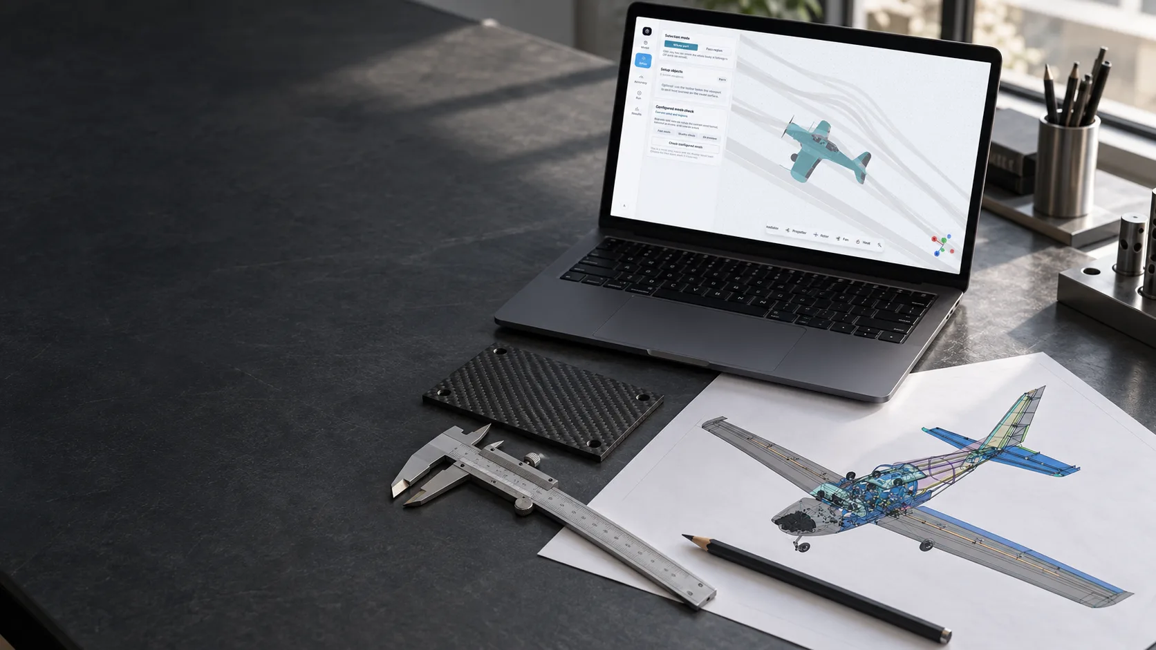 Concept visualization of REAH aircraft software beside an aircraft CAD drawing, composite material and measurement tools.