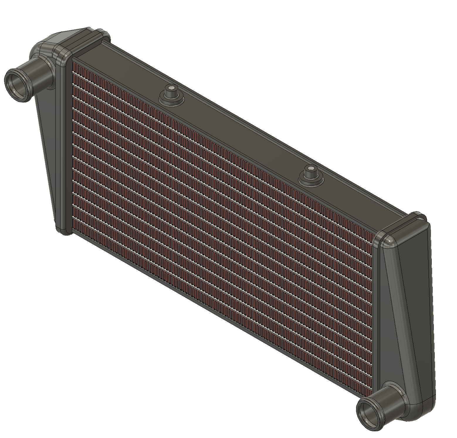 CAD rendering of a Rotax-class radiator concept with thermostat and pressure-temperature sensor interface points